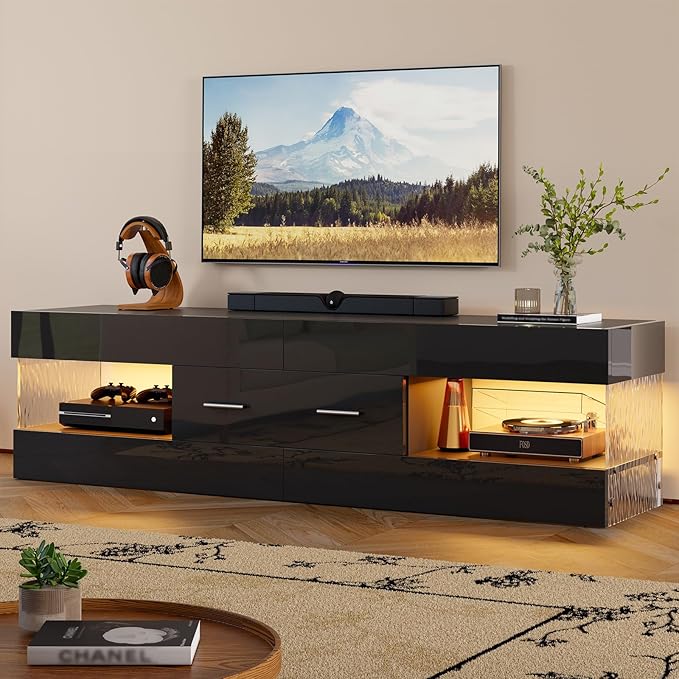Bestier Black TV Stand for 55/60/65 Inch TV, High Gloss Modern TV Stand with Stone-Patterned Side Panels, LED Entertainment Center with Large Drawer, TV Consoles for Living Room, Bedroom - Image 4