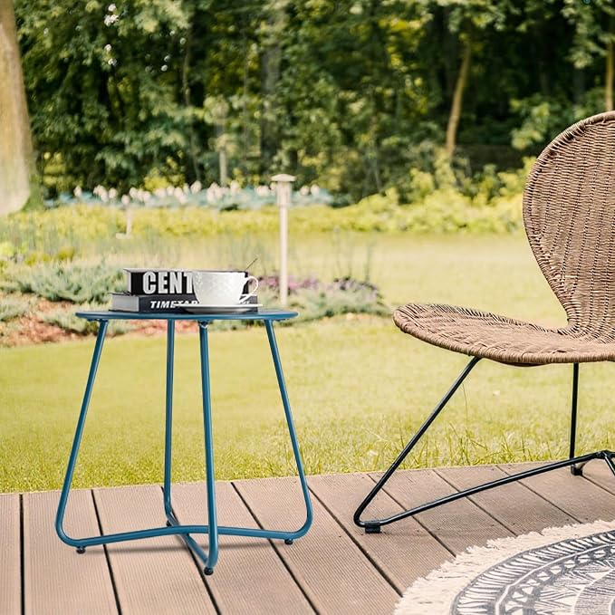 danpinera Outdoor Side Tables with Flower Cut Outs, Weather Resistant Steel Patio Side Table, Small Round Outdoor End Table Metal Side Table for Patio Yard Balcony Garden Navy Blue - Image 6