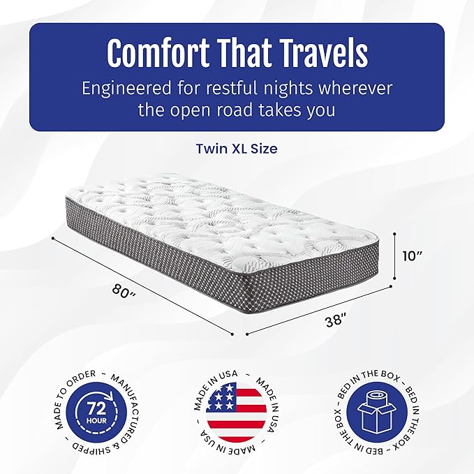 WanderRest Cool Hybrid 10” RV Mattress, Twin XL 38x80, Medium, Cooling Gel Memory Foam & Pocketed Coil Mattress for RV, Camper, or Travel Trailer, Made in USA