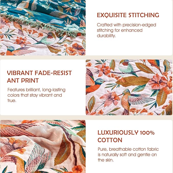 Boho Throw Blanket - 90"x90" 100% Cotton Ultra Soft Lightweight Spring Blanket, 4-Layer Breathable Muslin Blankets for Bed Couch, Reversible Blue Floral Bird Printed Bohemian Cotton Quilt
