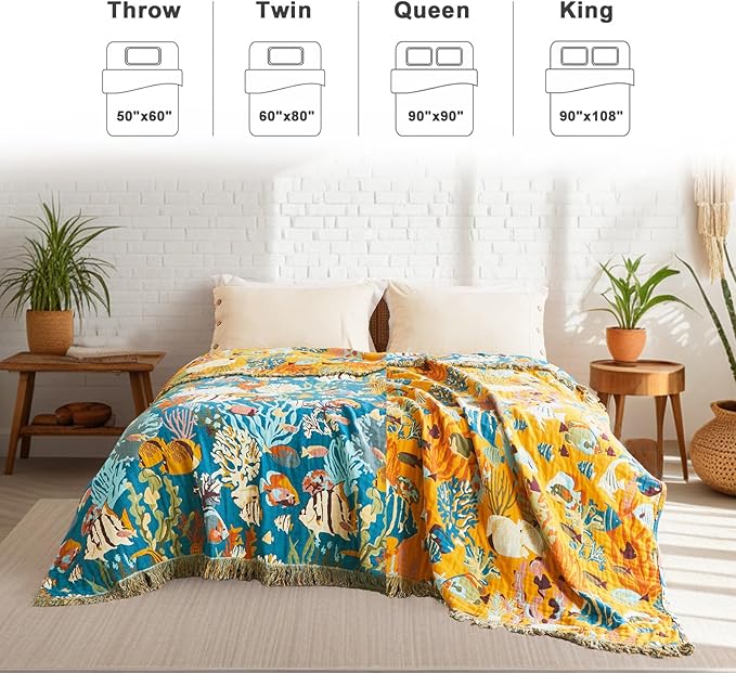 LUTBM Throw Blanket for Bed 100% Cotton Blankets for Bedroom Living Room Spring Twin All Season Underwater Ocean Life Embroidery Reversible Breathable Quilt for Couch Sofa Coastal Home Decor 60"x80"