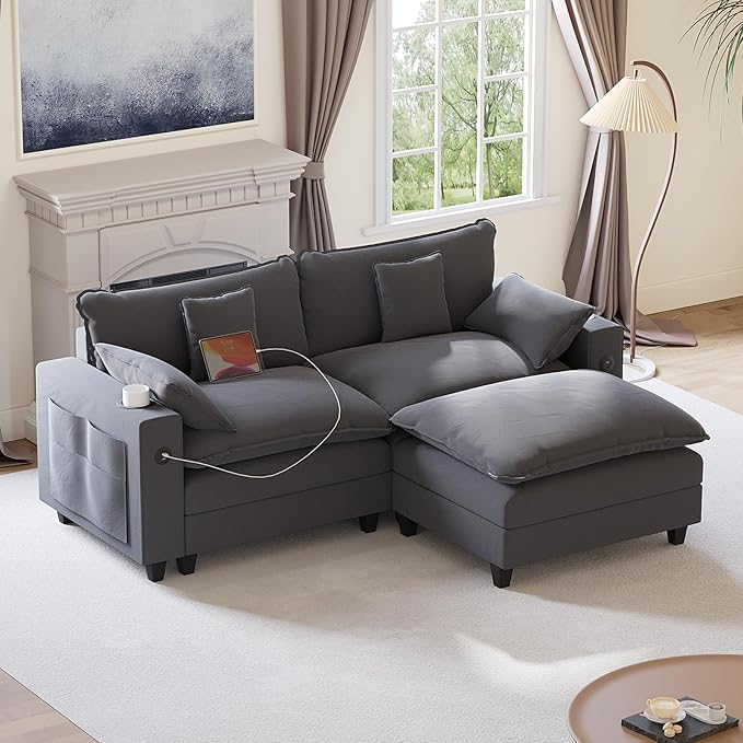80.7" Modular Sectional Couch, L Shaped Cloud Sofa with Movable Ottoman, Chenille Deep Seat Cloud Couch with Charging Station, Cup Holder, Side Pocket, Sectional Couches for Living Room, Grey