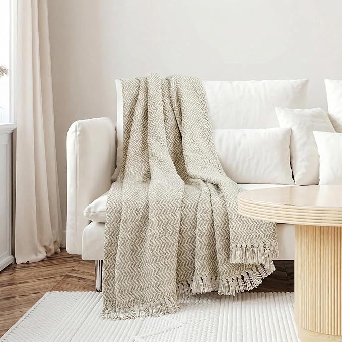 Americanflat 50x60 Throw Blanket - Soft and Breathable Cotton Throw Blanket for Couch, Bed, Chair - Decorative Blankets Perfect for Home, Office, or Outdoor Use - Cream and Beige Zig Zag Design