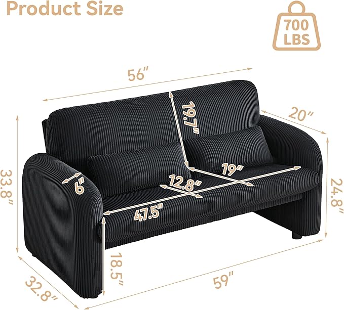WUTUTUEE 56'' Corduroy Loveseat Sofa, 2 Seater Love Seat Couch for Small Space, Comfy Upholstered Modern Leisure Loveseat Couches with Lumbar Pillows for Bedroom, Office, Living Room, Black