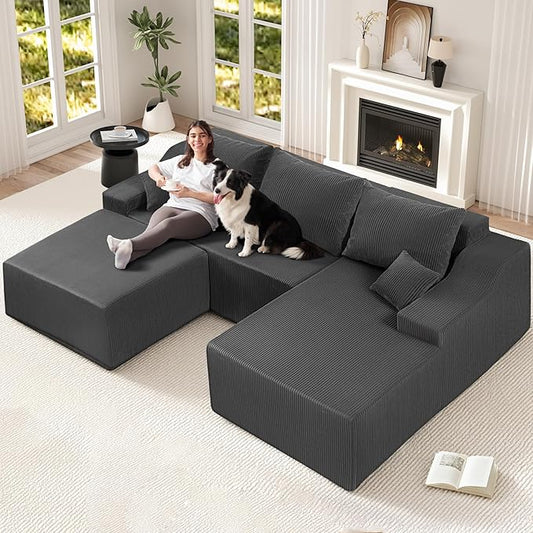 HABUTWAY U Shaped Modular Sectional Couch for Living Room, Modular Cloud Sofa with Ottoman, No Assembly Boneless Couches with Deep Seat, Corduroy Fabric (Grey, Right Facing)