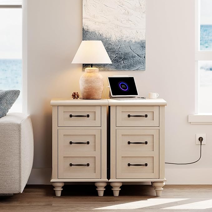 WAMPAT 3 Piece Bedroom Set - Includes Farmhouse 7 Drawer Dresser, Set of 2 End Tables with Charging Station & Storage Cabinet, 3 Piece Dresser and Nightstand Sets, Beige