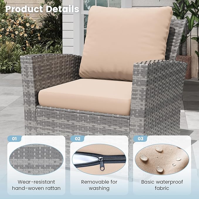 Amopatio 4 Piece Outdoor Wicker Patio Furniture Set, PE Rattan Sectional Sofa with Thick Cushions & Tempered Glass Table, Weather-Resistant Patio Conversation Sets for Balcony, Backyard, Beige
