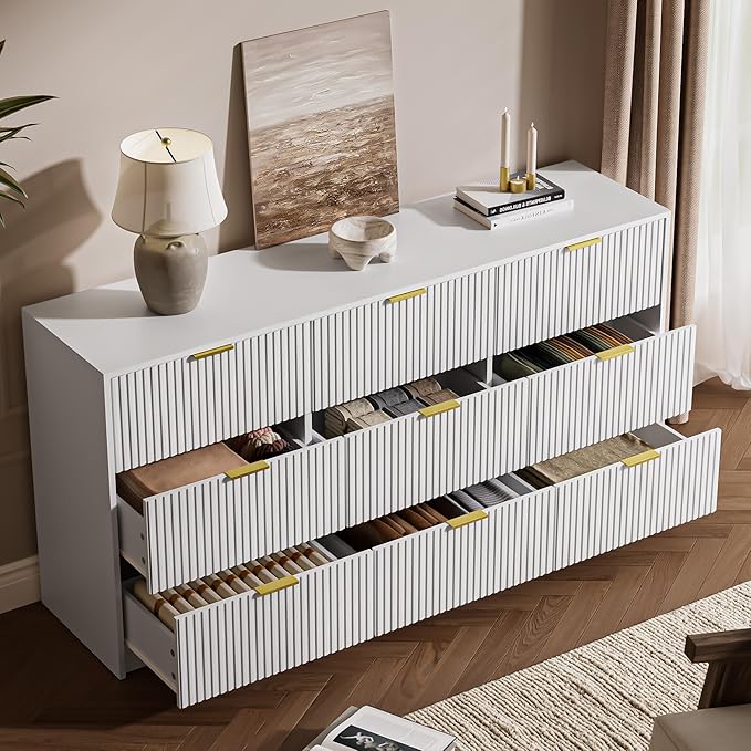 MAISONARIA 3-Piece Dresser Bedroom Set, 9 Drawer Dresser & 2 Drawer Nightstands with Gold Handles, Fluted Wood Chest of Drawers for Bedroom, Living Room, Entryway, White