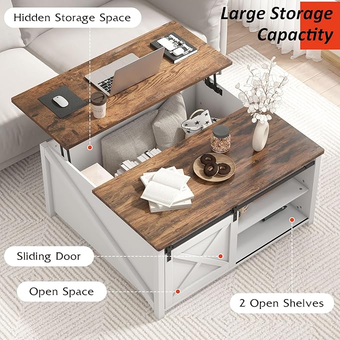 PUKAMI Lift Top Coffee Table with Storage, 31.5" Farmhouse Coffee Table for Living Room, Square Coffee Tables with Large Hidden Storage and Sliding Barn Doors, White