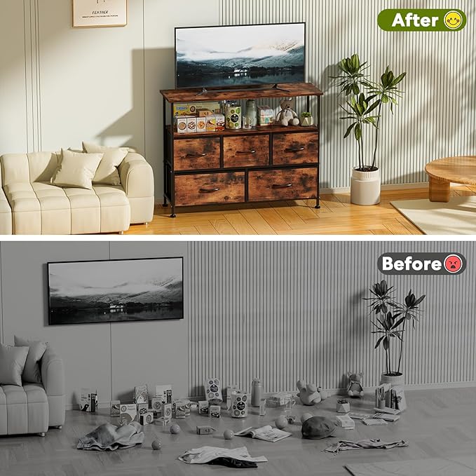 Simple Deluxe TV Stand Dresser for Bedroom Entertainment Center with 5 Fabric Drawers, Storage Organizers Units for Living Room, Media Console Table with Open Shelf up for 45" TV, Rust, Wood top