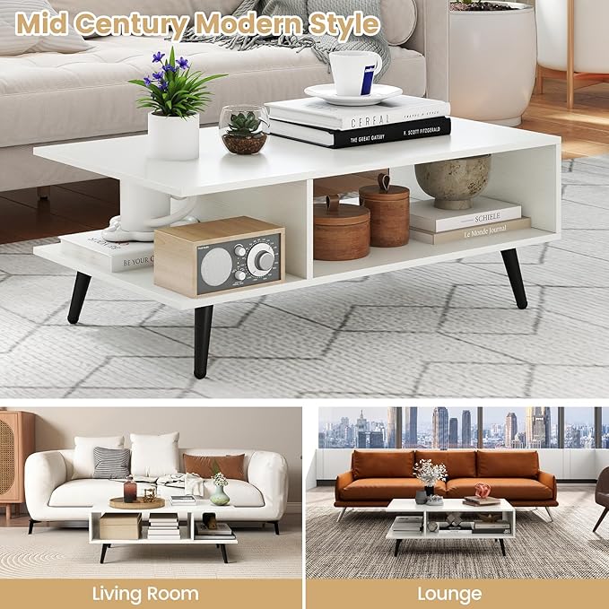 Giantex Coffee Table with Storage, Mid Century Modern Center Table for Living Room, Rectangle Tea Table with Open Storage Shelf & Floor-Anti-Scratching Tapered Metal Legs, Rustic Brown (White)