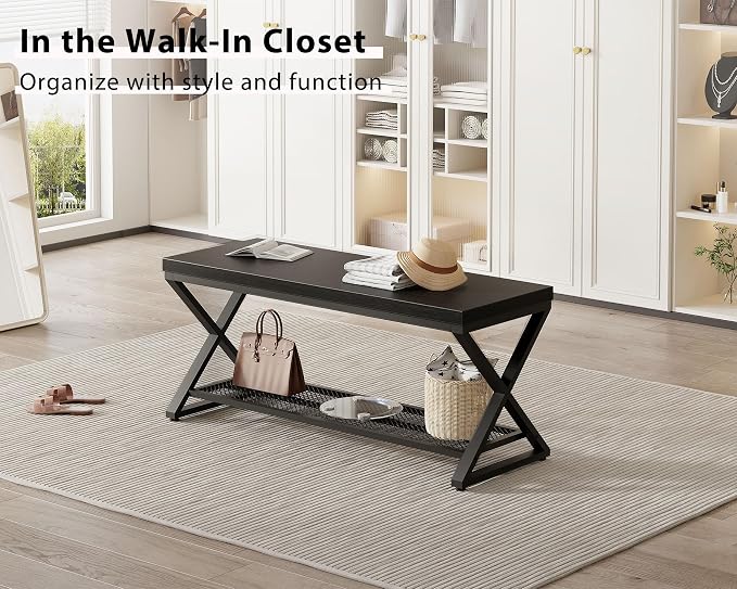 LVB Black Entryway Bench with Storage, Indoor Shoe Bench with Seating for Hallway, Accent Storage Bench for Living Room Bedroom, Simple Small Shoe Rack Benchs for Foyer Entrance, Black Oak, 39 inch - Image 9