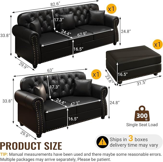 KEIKI 2-Piece Chesterfield Sofa Set with 1 Faux Leather 3-Seater Sofa & 1 Loveseat Sofa, Upholstered 5-Seater Couch Set with Nailhead Trim & Rolled Arms & 1 Ottoman & 5 Pillow, for Living Room, Black