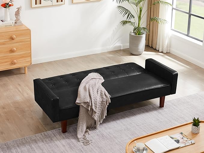 Modern PU Leather 3-Seat Couch, Adjustable Backrest Convertable Sofa, Sleek Minimalist Fold Out Couch Loveseat with Armrests, Sofa for Living Room Home Office Spaces, Black