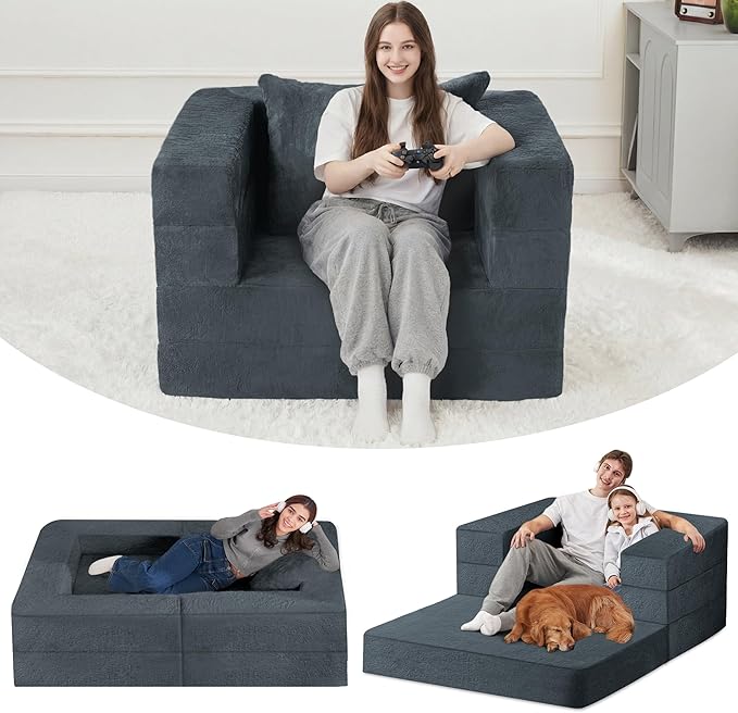 Futon Sofa Bed with Pillow, 3-in-1 Sleeper Sofa Bed with Removable Cover, Convertible Floor Sofa Bed, No Assembly Boneless Couch for Living Room, Bedroom