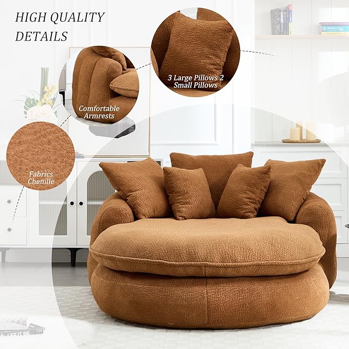 KEIKI 71" Chenille Round Boneless Sofa Couch, Oversized Chaise Lounge Chair Couches Indoor, No Assembly Required Floor Lazy Bean Bag, Modern Sleeper Sofa Bed for Living Guest Room & Bedroom, Brown