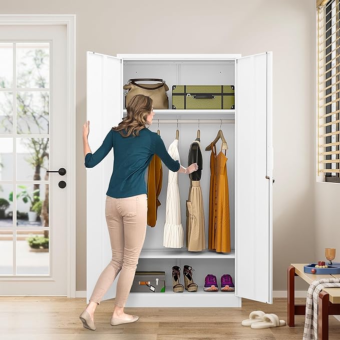 Metal Wardrobe Cabinet with Hanging Rod & Lock,White Armoire Wardrobe Closet,Metal Clothing Storage Cabinet with Adjustable Shelves and Doors,72" Armoire Storage Cabinets for Home,Living/Laundry Room