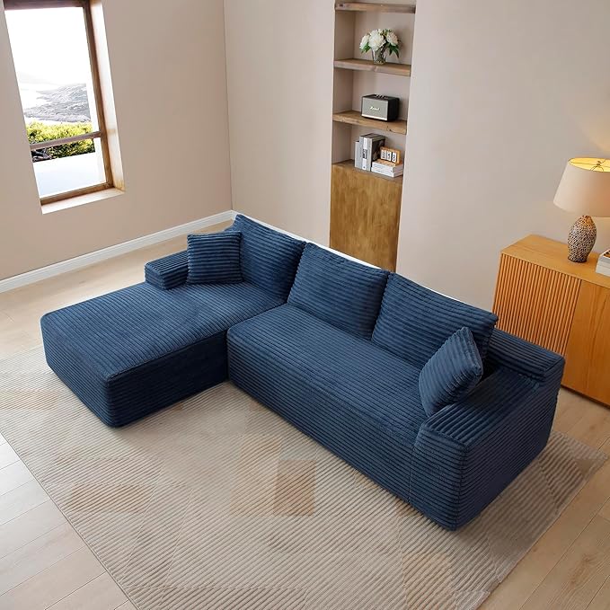 105-Inch L-Shaped Left Facing Corner Compressed Sofa Modular Sectional Boneless Cloud Sofa Floor Foam Couch with Chaise Lounge, Corduroy Corner Boneless Cloud Couch