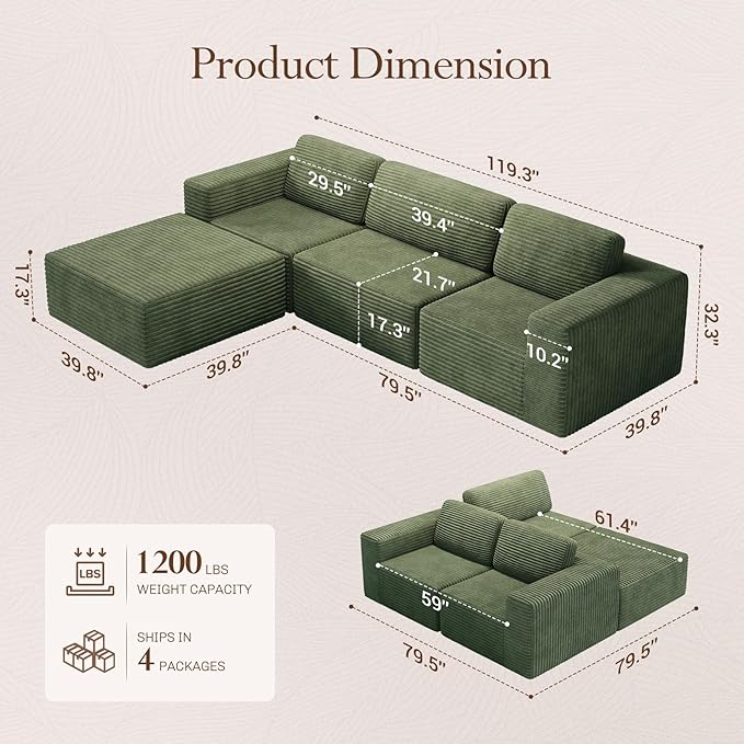 Vesgantti 119" L-Shaped Modular Sectional Sofa, Corduroy Cloud Couch with Deep Seating & Spring Support, Flexible Layout Sofa with Ottoman, Boneless Style, No Assembly Required, Green