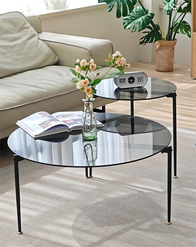 Round Tempered Glass Table 31.5 inch Large Circle Top Metal Frame Grey