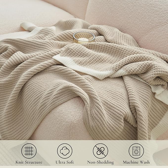 Amélie Home Chenille Throw Blanket, Soft Cozy Waffle Throw for Couch & Sofa, Warm Yet Lightweight, Breathable All-Season Throws for Women Men, Housewarming, Birthdays, 50"x60", Beige