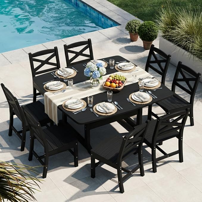 Outdoor Dining Set, HDPE 9-Piece Patio Table and Chairs Set, All-Weather Outdoor Dining Table Set for 8 with Umbrella Hole, Durable Patio Furniture Set with Chairs,Black - Image 7