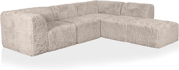 Furniture of America Havyn Modern Faux Fur 5-Seater L-Shaped Modular Foam Sectional Sofa with Ottoman, Compressed Couch in a Box, No Assembly Required, for Living Room and Office, Taupe