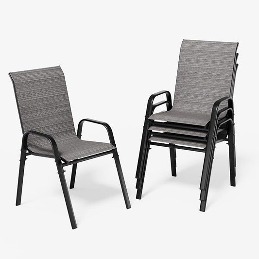 Kullavik Patio Chairs Set of 4,Stackable Textilene Outdoor Dining Chairs for All Weather,Outdoor Chairs Set with High Back & Metal Frame for Backyard Garden Deck,Grey by KULLAVIK