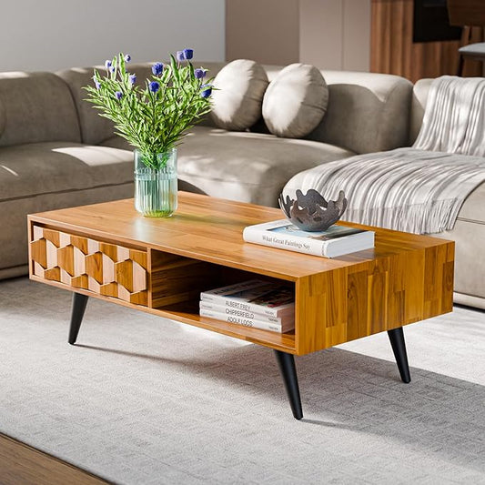 Bme Georgina Solid Wood Coffee Table, 2 Drawers & Open Shelves, Mid Century Modern Center Table, 110 cm, Teak Brown, Pre-Assembled