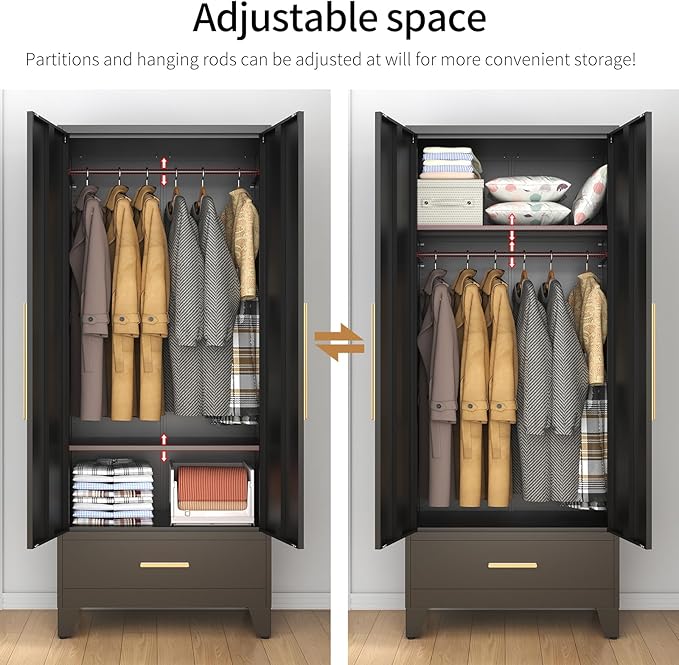 75.3" Tall Metal Armoire Wardrobe Closet with Mirror Doors and Drawer, Adjustable Hanging Rod and Adjustable Shelf, Freestanding Storage Cabinet Organizer for Bedroom, Office, Laundry Room, Black