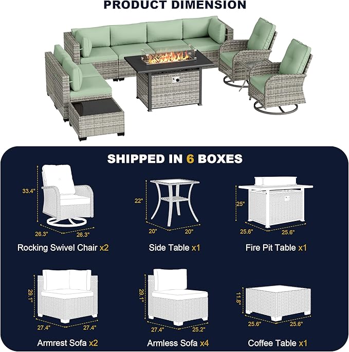 11-Piece Outdoor Patio Furniture Set with Rocking Swivel Chair, Wicker Rattan Sectional Sofa Conversation Set with 55,000 BTU Fire Pit Table, Backyard Furniture, Light Green