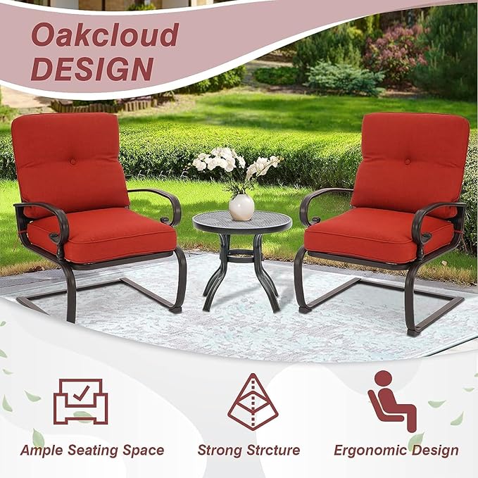 Oakcloud 4-Piece Outdoor Metal Furniture Sets Patio Conversation Set Wrought Iron Glider, 2 Spring Lounge Chairs and Round Side Table, Red