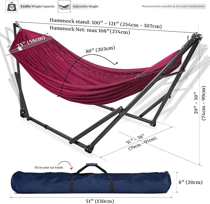 Tranquillo Universal Double Hammock with Stand Included for 2 Persons/Foldable Hammock Stand 600 lbs Capacity Portable Case - Inhouse, Outdoor, Camping, Red - Image 6