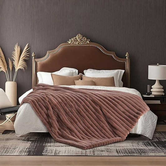 Amélie Home Faux Fur Throw Blanket for Couch, Ultra Cozy Fuzzy Fluffy Fur Luxurious Soft Striped Plush Gift Blankets for Family Sofa Chair Bedroom, 60"x80", Cationic Fox Pink Brown