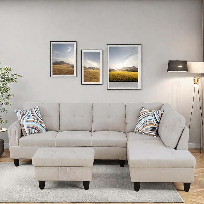 FONTOI L Shaped Sectional Couches, Modern Modular Sectional Sofa for Living Room Bedroom Furniture, Cozy 4 Seat Couch with Ottoman Storage & Chaise, Gray White