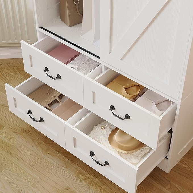 IRONCK Armoire Wardrobe Closet with 4 Drawers,71" Wardrobe Cabinet with Sliding Barn Doors, Tall Clothing Storage Cabinet with Hanging Rod and Shelves for Bedroom, White