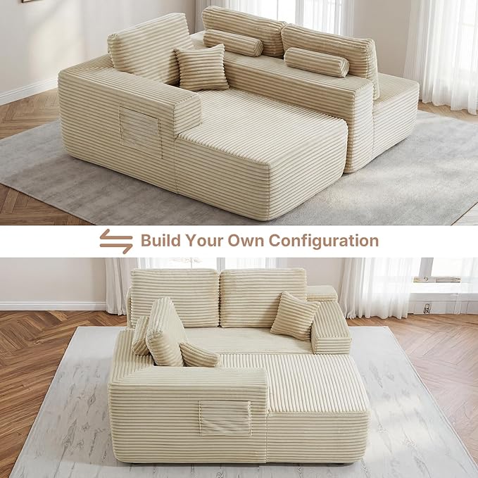 104 inch Boneless L-Shaped Sectional Sofa with Throw Pillow & Side Pockets- No Assembly Compressed Modular Couch, Memory Foam, Deep Seat for Living Room, Bedroom, Apartment White Left