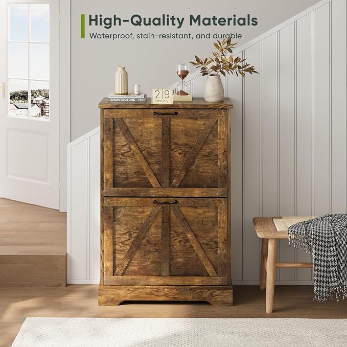 Smart FENDEE Shoe Cabinet, Shoe Storage Cabinet for Entryway with 2 Flip Drawers, Narrow Farmhouse Shoe Organizer Cabinet, Slim Shoe Rack Cabinet, 23.6in Rustic Brown - Image 3