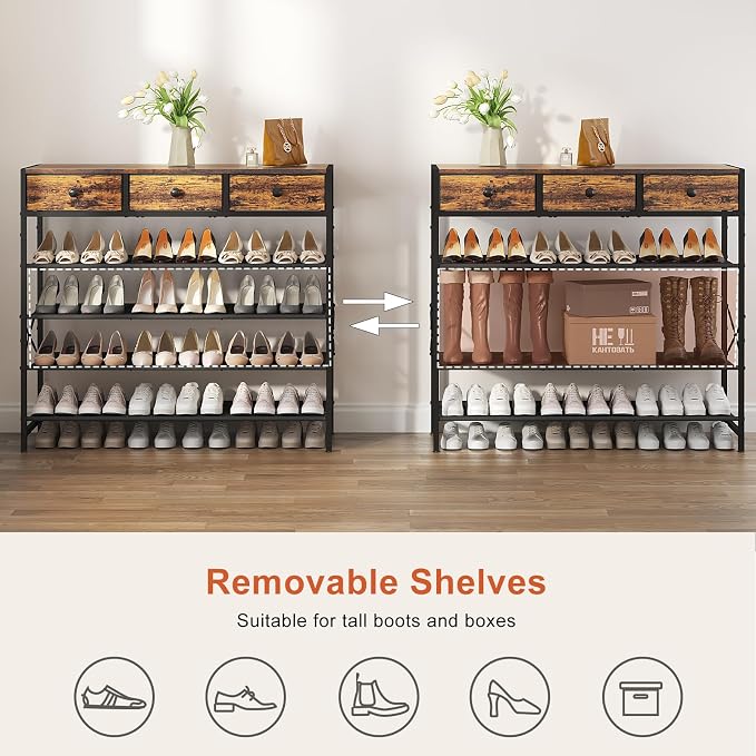 Shoe Rack, 5 Tier Shoe Organizer with 3 Drawers, Metal Shoe Storage for 24-30 Pairs of Shoes with Fabric Shelves and Wooden Top, Narrow Shoe Shelf for Closet Entryway Rustic Brown - Image 6