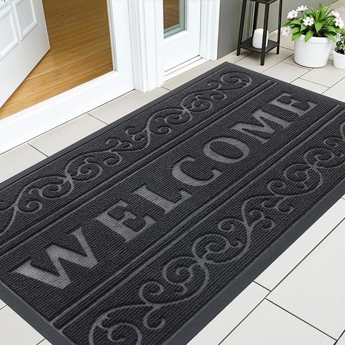 OLANLY Welcome Door Mat Indoor Outdoor Entrance, Heavy Duty Sturdy Front Door Mat, Waterproof All-Weather Doormat, Stain Resistant, Low Profile, Easy Clean Patio Entryway Mat, 47 x 24, Black by OLANLY