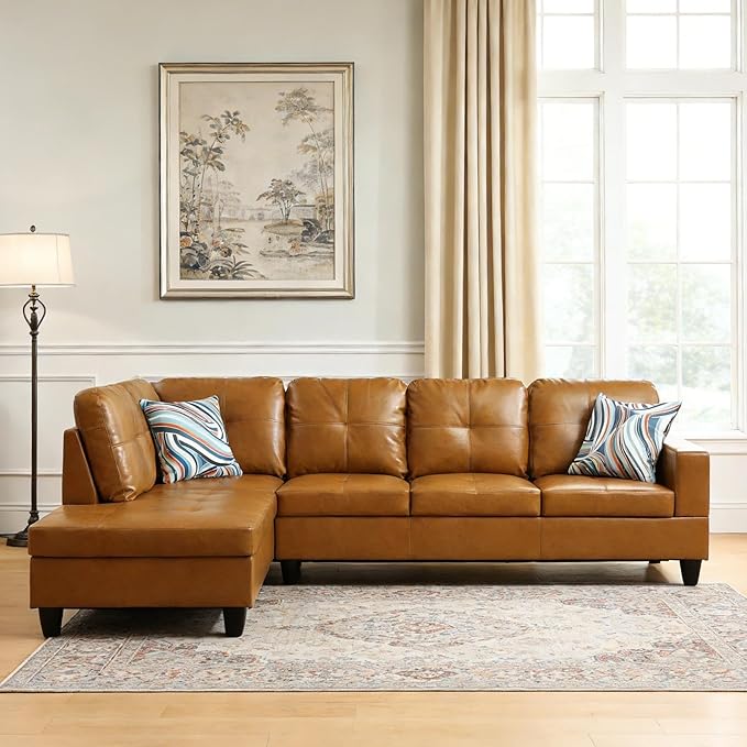 103.5 Inch Modern L-Shaped Couch, PU Leather Sectional Sofa with Chaise Lounge, 4-Seater Couch with Accent Pillows for Living Room, Apartment, Turmeric