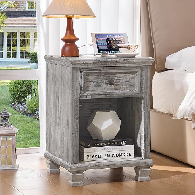 SAVOR LIFE Farmhouse End Tables Living Room Set of 2, Rustic Wood Nightstand with 1 Drawer, Bedside Table with Open Shelf for Bed Room, Side Table for Living Room, Grey - Image 2