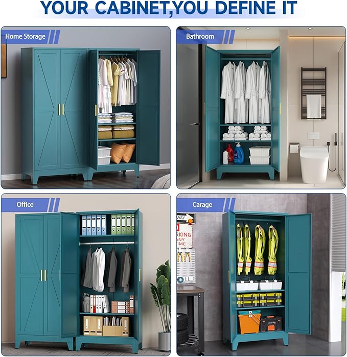 Steel Armoire Wardrobe Closet, 71" Metal Clothing Storage Cabinets with 2 Doors & 2 Adjustable Shelves, Blue Wardrobe Cabinet with Hanging Rod for Bedroom, Gym
