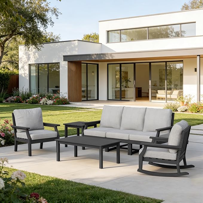 HDPE Patio Conversation Set, 7-Piece All Weather Outdoor Furniture Set with 1 Single Rocking Armchairs for Deck, Lawn, with Cushion, Black