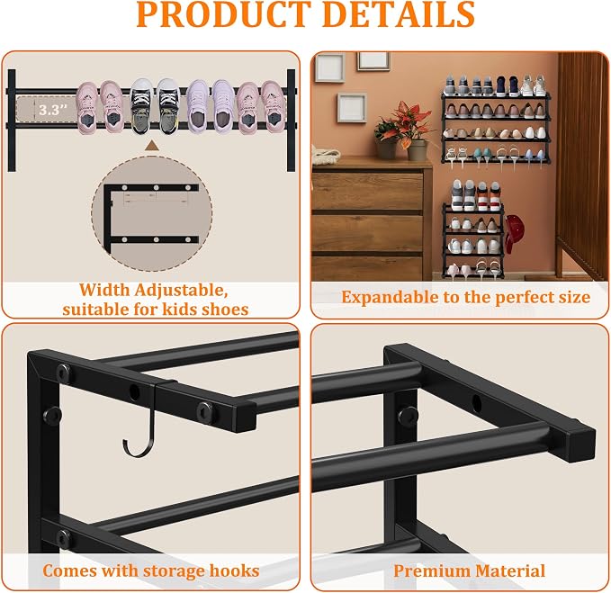 Wall Mounted Shoe Rack, 4 Tier Hanging Shoe Rack Holds 16 Pairs, 17"-30" Adjustable Heavy Duty Wall Shoe Shelf with 2 Storage Hooks, Space Saving for Closet Entryway, Black - Image 6