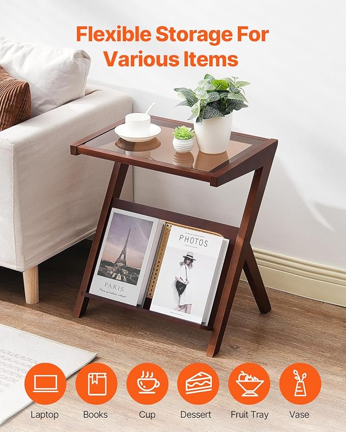 VEVOR Rattan Coffee Table, Z-Shaped Rattan Woven Bamboo Coffee Table with Tempered Glass Top, 20” Modern Boho Storage Table with Natural Bamboo Legs, for Living Room, Bedroom & Small Spaces