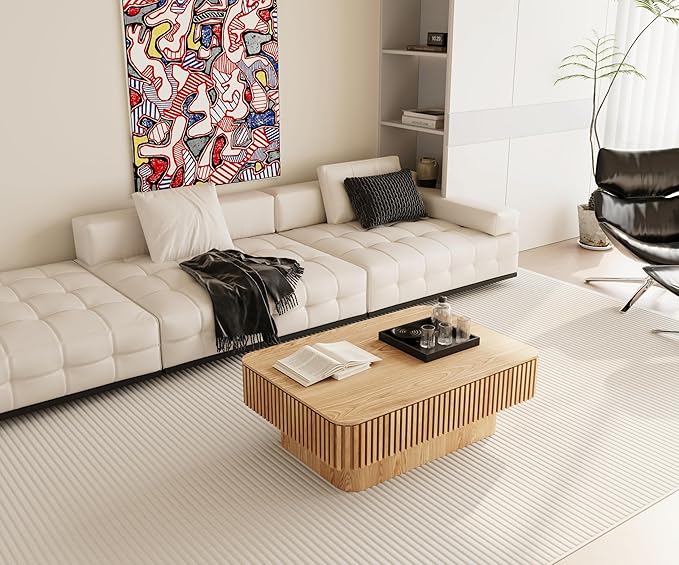 38.6'' Lift-top Coffee Table Solid Wood Veneered Center Table Rectangular Fluted Table with Storage and Adjustable Height for Living Room Apartment Office, Oak