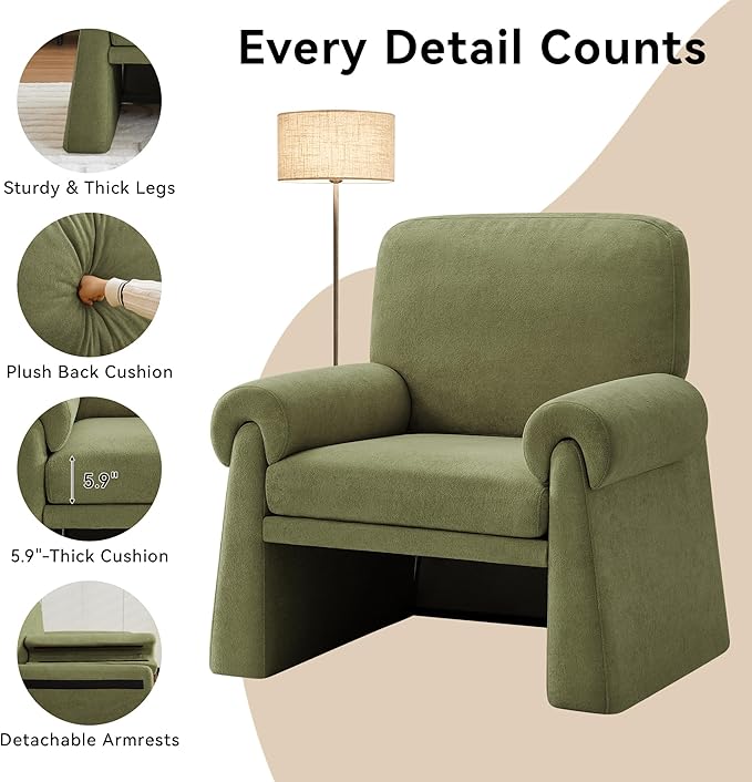 Oversized Accent Chair, Comfy Living Room Chairs, Single Sofa Chair with Thick Cushion and Armrests, Upholstered Arm Chair for Living Room, Modern Armchair, Reading Chair for Bedroom, Green