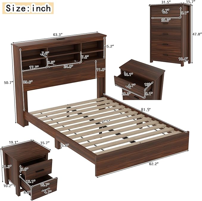Merax 4-Pcs Queen Size Bed Frame & Dresser & 2 Night Stand Bedroom Set, Platform Bed with USB Charging Ports Storage Headboard, Cabinet Dresser with 5 Drawers, Nightstands, Wooden, Dark Walnut
