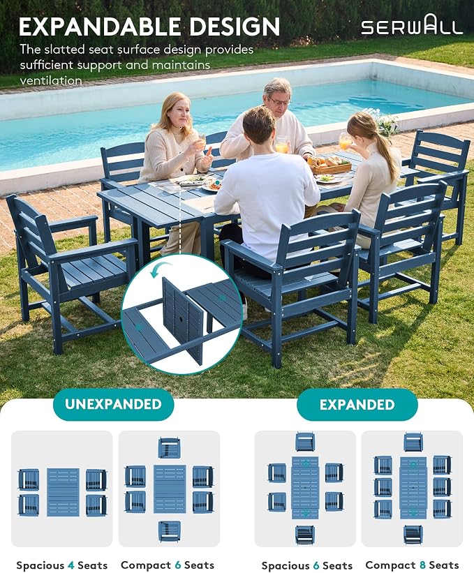 SERWALL 10-Piece Patio Dining Sets with 15FT Patio Umbrella, 60" - 83" Expandable Outdoor Dining Table and 8 HDPE Chairs, All Weather HDPE Outdoor Furniture Set (Umbreall Base not Included) - Image 3